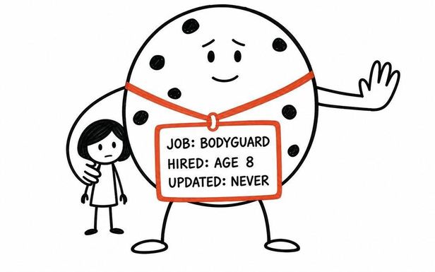 A cookie bodyguard, hired at age 8, never updated