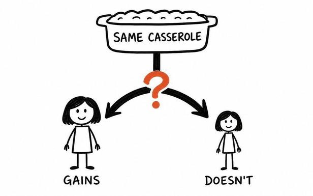 Two sisters, same casserole: one gains, one doesn't