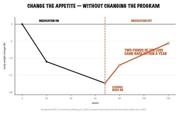 Chart: two-thirds of the weight loss came back within a year after stopping the medication